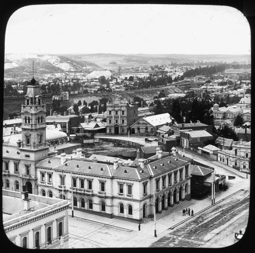 The old Post Office circa 1890s - behind is Camp St, Black Hill and Ballarat East - from a glass slide in the collection