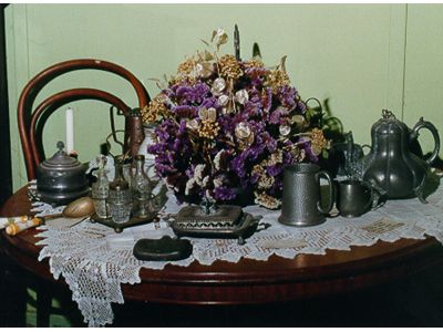 Cedar Table &amp; Pewter Ware