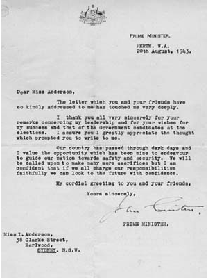 Letter from John Curtin to Miss Irene Anderson 1943