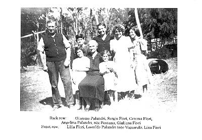 Back row: Giacomo Palandri, Sergio Fiori, Gemma Fiori, Angelina Palandri (born Fontana), Giuliana Fiori<br />Front row: Lilia Fiori, Leonilde Palandri (born Vignaroli), Lina Fiori