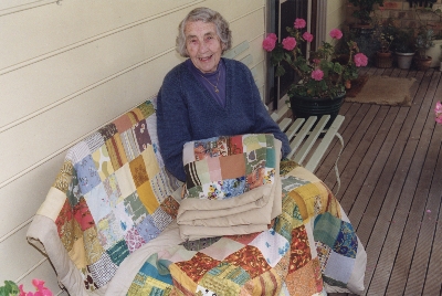 Marjorie Trease with her 3 quilts. Leongatha. 1999