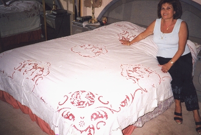 Sophia Haskas & the cut-work bedspread also used on her wedding day